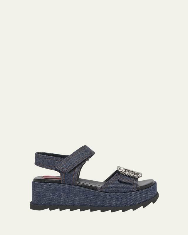 Denim Strass Wedge Sandals